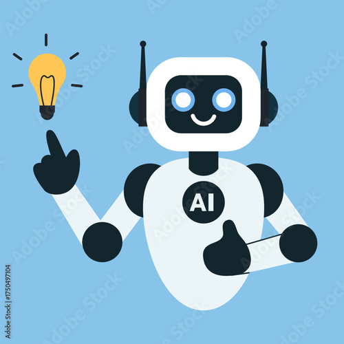 Friendly AI robot with a bright idea holding a glowing light bulb. Innovation, technology, artificial intelligence and creativity. Perfect for smart solutions, AI concepts, education or business