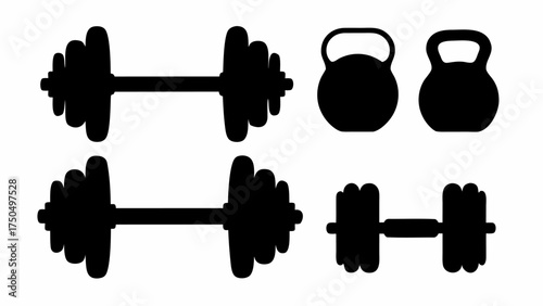 Weightlifting equipment silhouettes for fitness goals and gym workouts with dumbbells and kettlebells