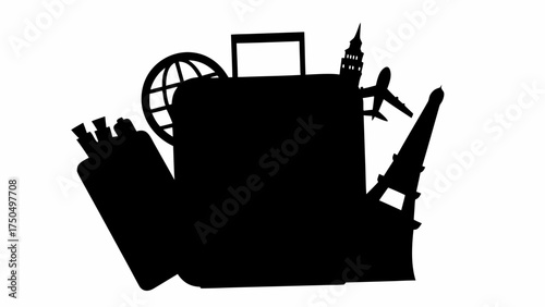 Travel suitcase silhouette with world globe, Eiffel Tower, airplane, and iconic landmarks ready to explore