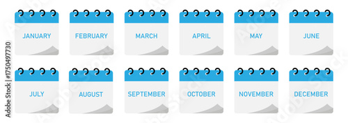Flipping style month calendar | Twelve month on calendar with spiral | Modern calendar icon with blue color