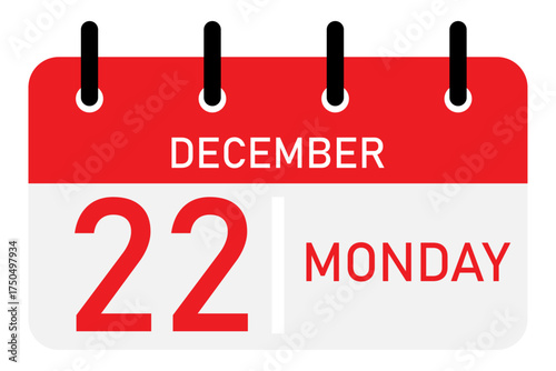 Day calendar with date December 22, Monday | Vector flat daily calendar icon | Date and time, day, month | Holiday | Start up icon with white divider
