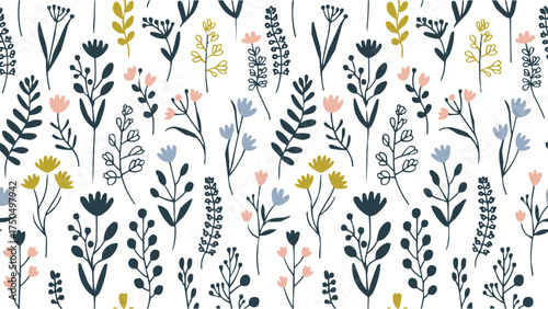 Seamless botanical pattern with hand drawn wildflowers and leaves in soft pastel colors on white background