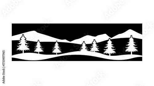 Minimalist black and white winter landscape scene with mountains and evergreen trees, design