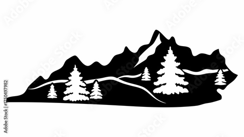 Stunning black and white mountain landscape with trees silhouetted against a dramatic backdrop