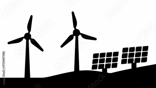 Modern sustainable energy generation with wind turbines and solar panels, clean power concept