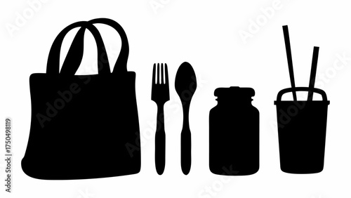 Reusable bag, cutlery, jar, and drink container silhouette, perfect for eco-friendly concepts