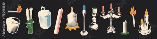 Candles halftone art collage cut outs set. Various paper clippings, burning match, melted stubs, candelabra with vintage dotted texture and doodles. Modern retro grunge mixed media vector illustration