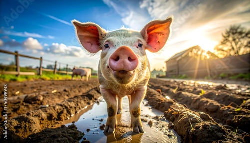 A close-up of a pig in a muddy field, with another pig in the background and the sun setting. A bright, cheery scene