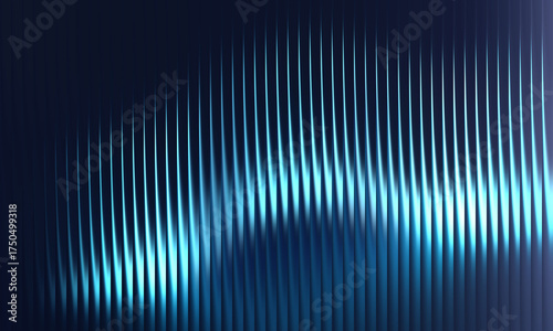 Fractal glass abstract blue wavy lines with glowing light effect, representing sound waves or digital data flow on a dark background, futuristic technology concept