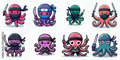 octopus ninja cartoon set vector illustration