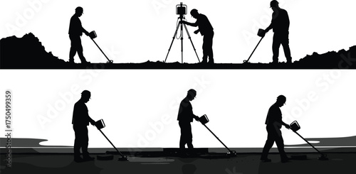 Silhouette people metal detecting, treasure hunters searching field, beach exploration with detectors, archaeology survey silhouettes, outdoor hobby, adventure, discovery