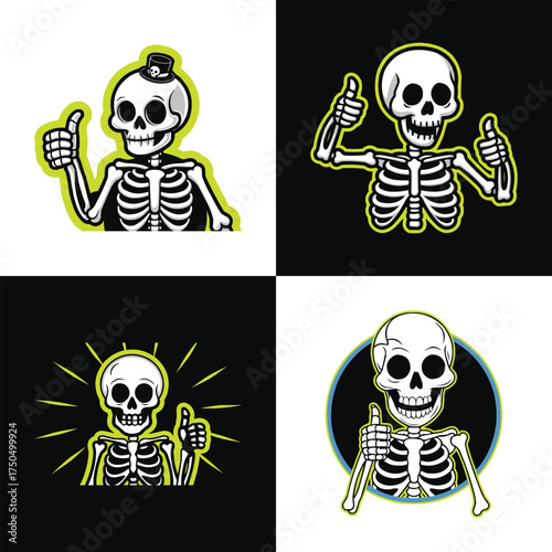 Funny skeleton thumbs up vector illustration set with neon outline on black and white background for t shirt design
