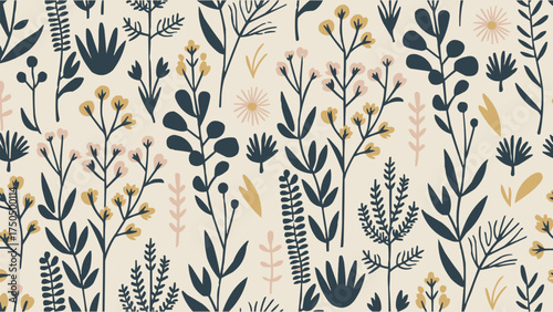 Modern botanical seamless pattern with hand drawn wildflowers and leaves in muted beige and navy tones for fabric and t shirt design