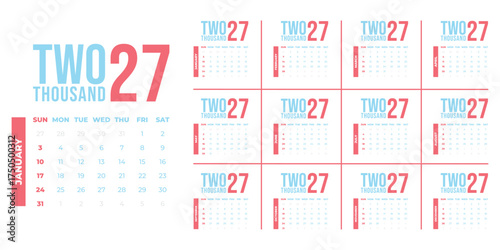 Minimal vector style 2027 calendar design. Week start Sunday modern corporate style colander design. Minimalist color combination template vector art illustration design