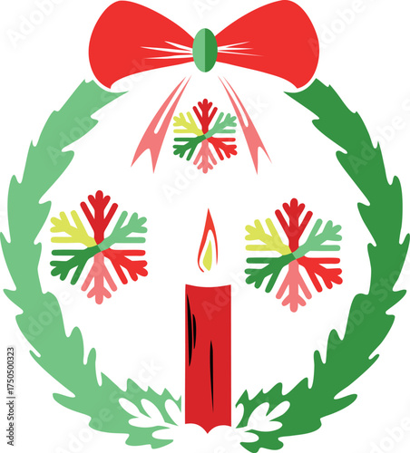 A festive Christmas wreath featuring a bright red bow, a central candle, and colorful snowflake-like motifs. Perfect for holiday decor, seasonal greetings, and Christmas-themed stock imagery.