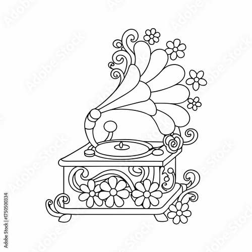 Vintage Gramophone with Flowers Line Art Drawing