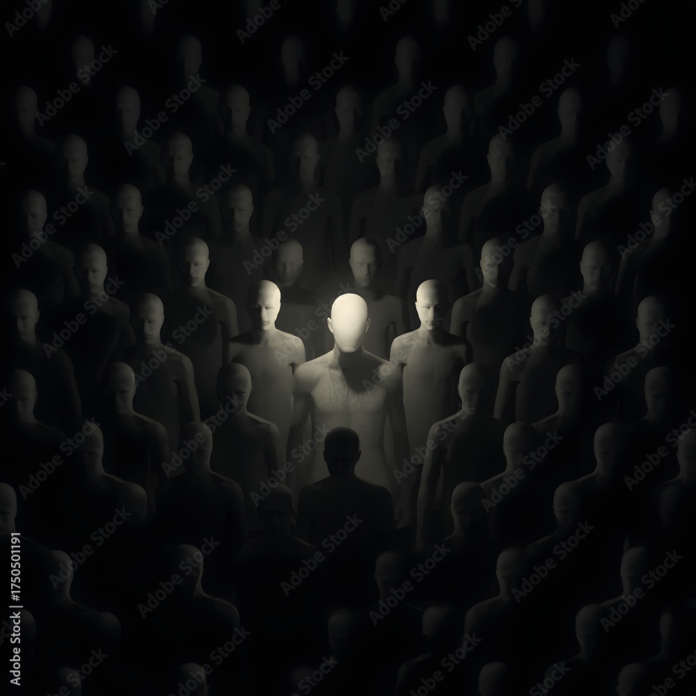 Obraz premium Conceptual dark scene with one illuminated figure standing among many shadowed silhouettes, symbolizing leadership, individuality, confidence, and personal strength in a crowd or corporate environment