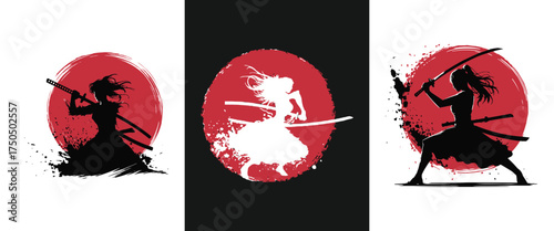 Samurai woman silhouette with katana sword in front of red sun grunge circle symbol of Japanese martial art and warrior spirit t shirt design