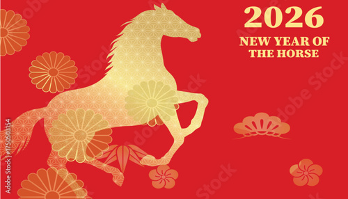 2026 Horse Year Set. Abstract modern vector illustrations of Chinese New Year designs for 2026, Year of the Horse. Lanterns, horse, house and traditional elements for icons and print