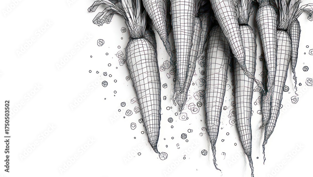 Fototapeta premium Pen and ink illustration of a bunch of carrots, detailed wireframe, isolated on white
