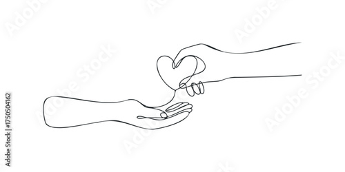Continuous line drawing of hands exchanging a heart shape