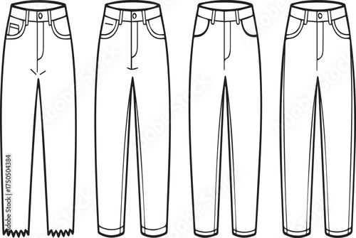 Four black and white line drawings of denim jeans with different hem styles trousers pants