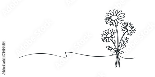 Line drawing of three daisies tied with a ribbon