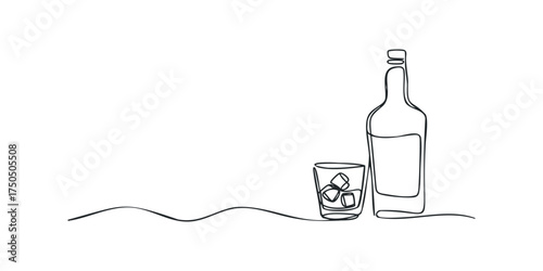 One line drawing of a glass with ice and a bottle