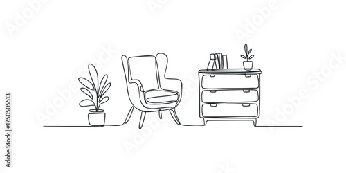 Single line drawing of armchair and furniture with plant