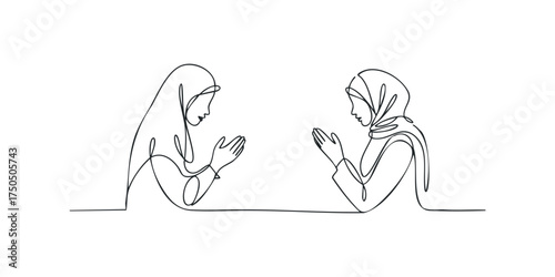 Two women praying in hijab using continuous line drawing