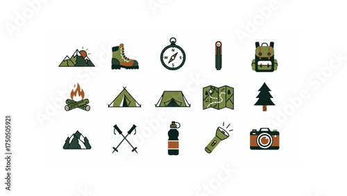Vector colour icons set of camping, hiking and travelling flat and 3d equipment and gear