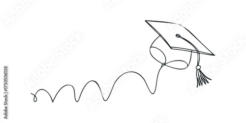 Graduation cap with winding line on white background