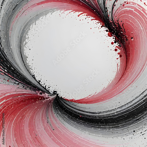 Artistic Swirls: An abstract composition explodes with dynamic energy, showcasing swirling ribbons of crimson, ebony, and silver, forming a mesmerizing vortex. 
