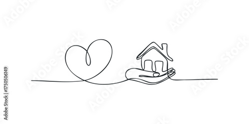 Hand holds house with heart shape continuous line graphic