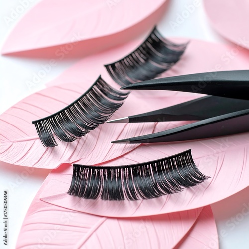 False eyelashes and tweezers on pink leaf shapes