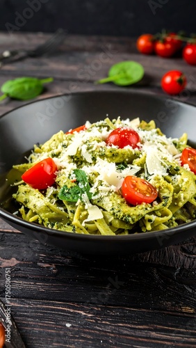 Pasta dish with cherry tomatoes, spinach and parmesan in a bowl