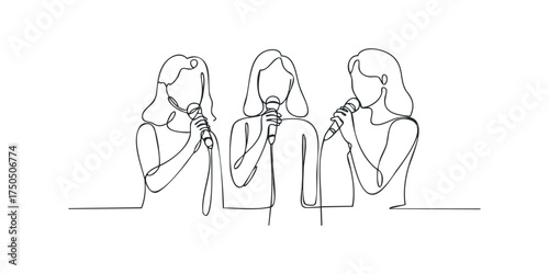 Three women singing into microphones in continuous line drawing