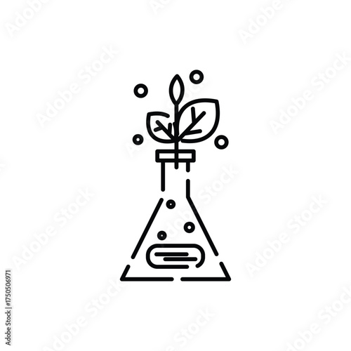 A blackandwhite line drawing of a plant growing in a flask