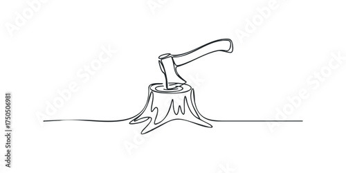 Single line drawing of axe stuck in tree stump