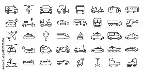 Collection of hand drawn transportation icons representing various modes of travel