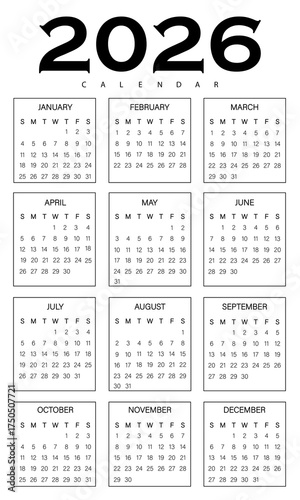 Classic minimalist 3 column of month English calendar 2026 | Black border vector pocket or wall or desk calendar design template | Week starts on Thursday