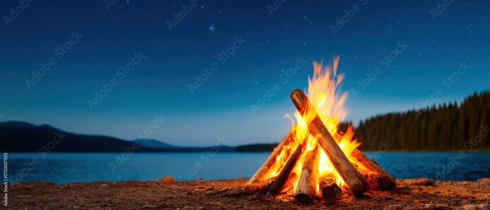 Naklejka premium A serene campfire burns brightly by a tranquil lake under a starry night sky, surrounded by forested mountains.