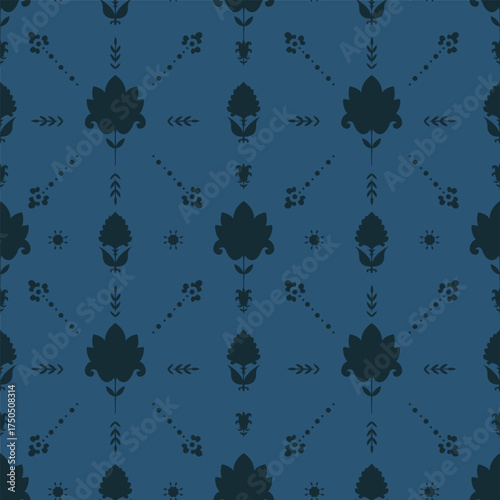 Deep Indigo Folk Floral Silhouette