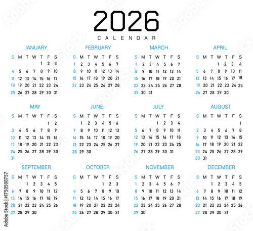 Monthly calendar demo for 2026 | Vector layout of a wall or desk organizer with week start Sunday | English monthly page calendars with black and blue font