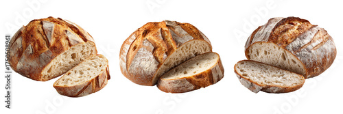 Three rustic artisan sourdough loaves with slices cut showing crumb texture isolated on a transparent background