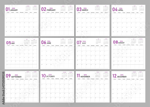 Planner calendar demo 2026 | Twelve-month calendar template for your planning design | Monthly planning calendar with previous and next month information | Eminence font calendar