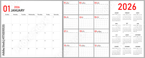 2026 Calendar Planner | Vector annual or monthly page layout for wall, desk calendar with week starts on Sunday | Modern calendar with red & black font colour
