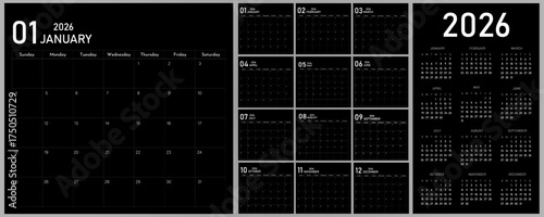 2026 Calendar Planner | Template of Monthly Page, Annual | Vector layout for wall, desk calendar with week starts on Sunday | Modern calendar with white font colour
