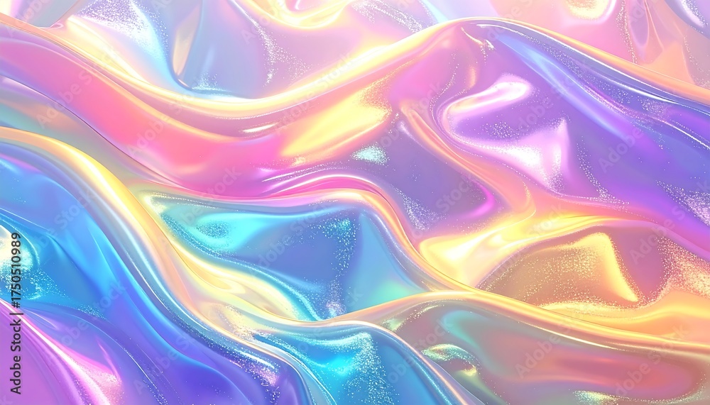 Obraz premium A mesmerizing abstract digital artwork showcasing iridescent, flowing, rippled textures with a glossy, reflective, and vibrant sheen