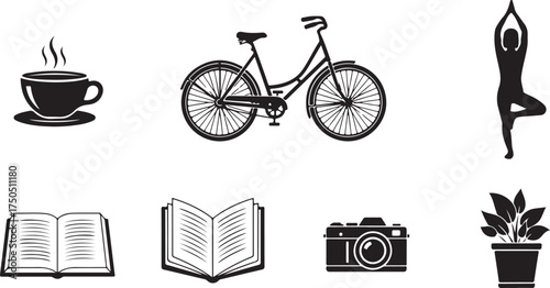 Charming hand drawn lifestyle icons coffee bicycle yoga book camera potted plant elements vector